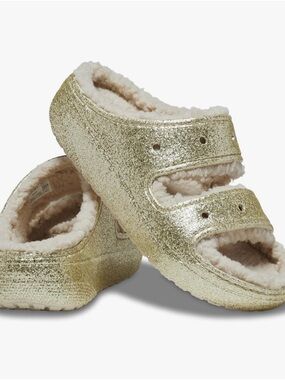 CROCS Gold Glitter Fleece-Lined Slide Sandals (6 woman's / 4 Jrs)